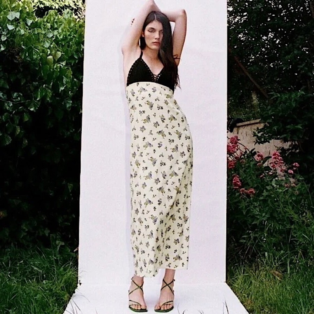 NWT ZARA Floral Satin Sleeveless V-Neck Crochet Bodice Empire Waist Slip Dress S